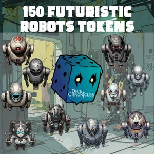 Może przedstawiać: Zestaw 150 futurystycznych żetonów robotów do gry planszowej. Żetony są wykonane z metalu i mają różne wzory. Żetony są ułożone w kółko wokół niebieskiej i zielonej kostki z napisem "Dice Chronicles".