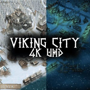 Peut inclure: Une illustration numérique d'une ville viking avec des bâtiments recouverts de neige et un lac gelé. Le texte "VIKING CITY 4K UHD" est affiché au centre de l'image.