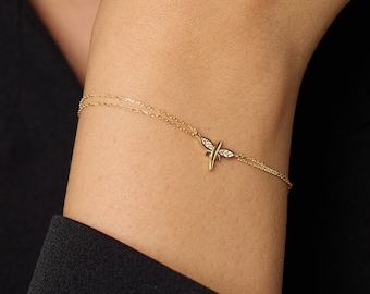 Dragonfly Bracelet, 14k Solid Gold, Animal Lover Gift, Minimalist Bracelet, Animal Bracelet, Valentines Gift, Solid Gold Bracelet