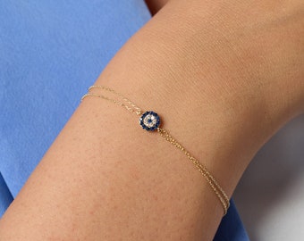 14K Solid Gold, Dainty Evil Eye, Evil Eye Bracelet, Gold Evil Eye, Good Luck Bracelet, Good Luck Charm, Minimalist Bracelet, Charm Bracelet