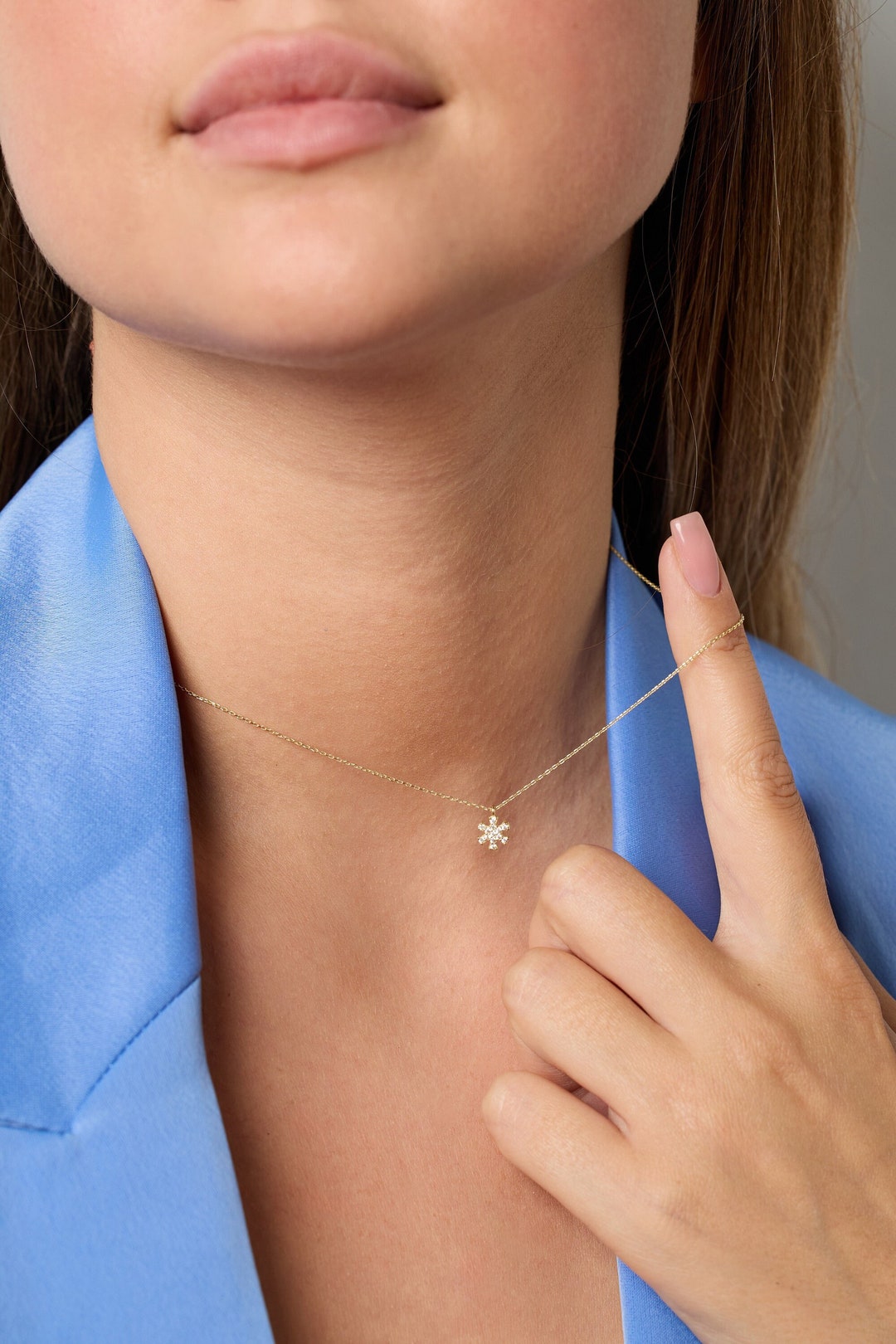 14k Gold Necklace, Snow Charm Necklace, Snowflake Necklace, Snowflake