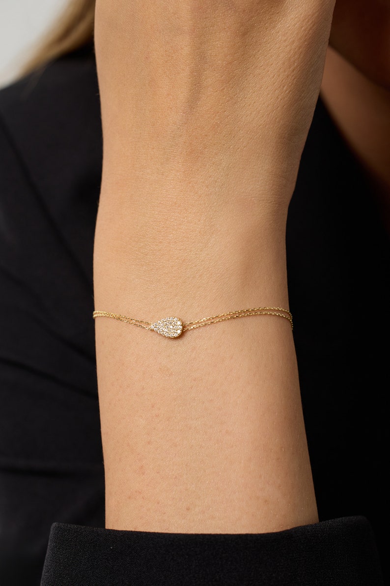 Solid Gold Bracelet, Charm Bracelet, Drop Bracelet, Dainty Gold Bracelet, Tear Drop Bracelet, 14k Solid Gold, Gift for Mom, Anniversary Gift image 6