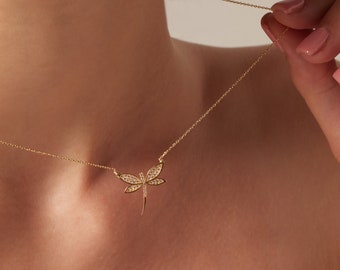 14k Solid Gold, Gold Dragonfly Necklace, Dragonfly Necklace, Dragonfly Pendant Necklace, Gift for Her, Girlfriend Gift, Necklace Pendant