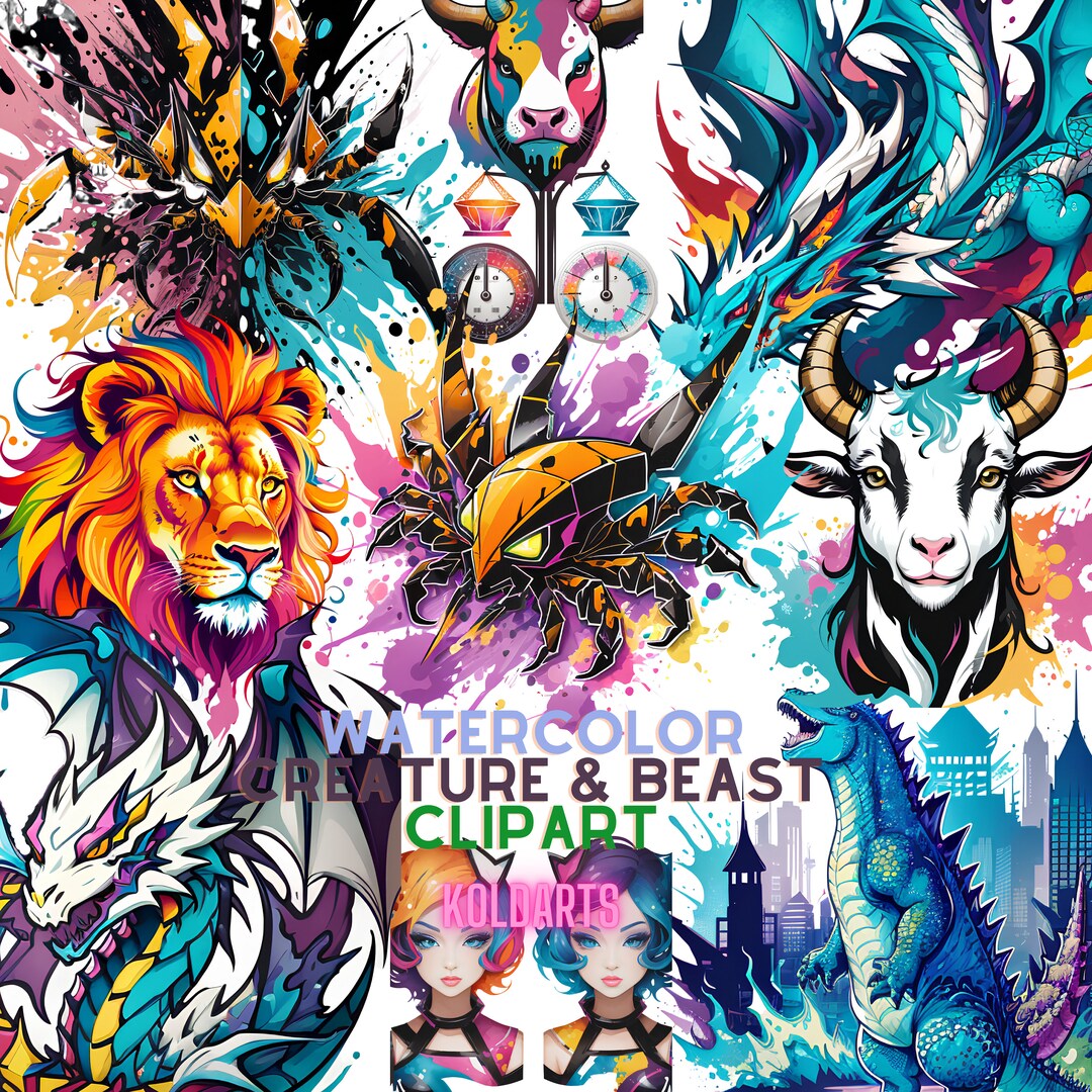 Watercolor Myth Creature & Beasts Clipart- 40 Images of Dragon,lion ...