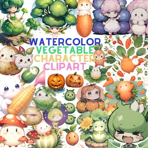 Watercolor Vegetable Characters Clipart- 50 Food Character Clipart, Transparent and with Background PNG, Instant download for commercial use