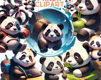 Watercolor Panda Clipart- 15 Images of Panda with bamboo Tree, Transparent and With Background PNG file, Instant download for commercial use