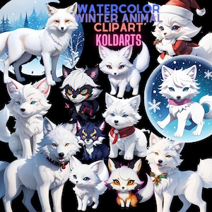 Watercolor Winter Animal Clipart-70 Images of Snow Fox and Wolf with Winter theme JPG, PNG,and SVG Files Instant download for commercial Use