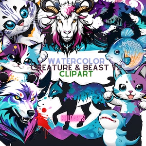 Aquarelle Mythe Créature &Bêtes V2 Clipart- 40 Images de Phoenix, Chat sauvage, Etc Transparent Png,Svs,Jpg, Téléchargement instantané pour un usage commercial