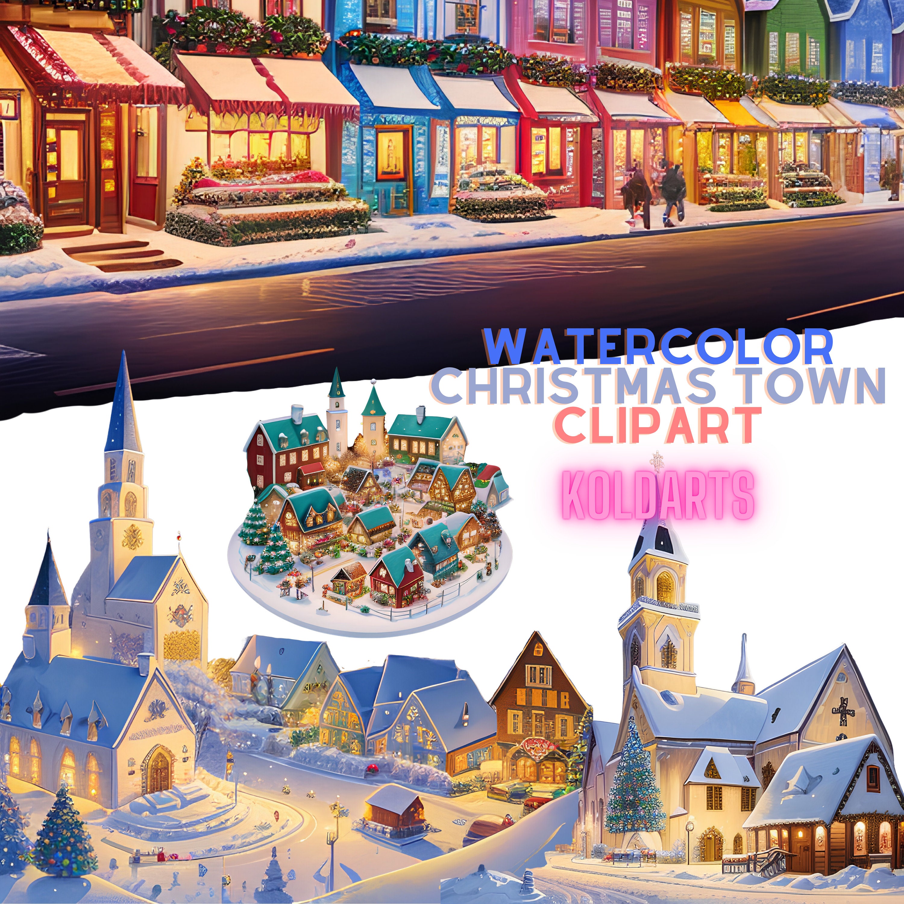 Watercolor Christmas Town Clipart- 70 Images of Christmas Theme Village Transparent PNG,SVG,JPG files, instant download for commercial Use
