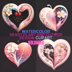 Acuarela Amor Botánico 40 Imágenes de Plantas en Forma de Corazón y Diseños de Flores Clipart JPG,PNG Transparente, Descarga instantánea para comercio. usar