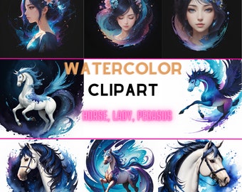 Watercolor Horse and Lady Clipart- 30 Images of Transparent and with Background PNG, Instand dowload for commercial use,Digital Illustration