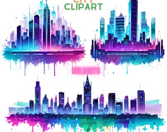 Watercolor Futuristic City Clipart- 30 Images of City that is transparent with PNG, JPG, and SVG Instant download for commercial use