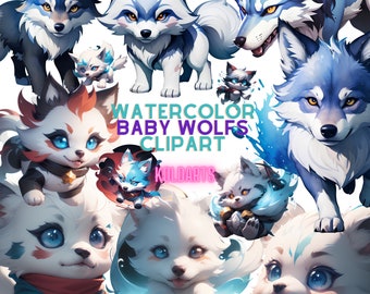 Watercolor Baby Wolf Clipart- 50 Images of Wolfs Transparent and with Background PNG, Instant dowload for commercial use, Animal Clipart