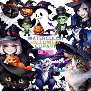 Watercolor Halloween Clipart- 70 Images of Halloween Characters Transparents and with background PNG, Instant download for commercial use