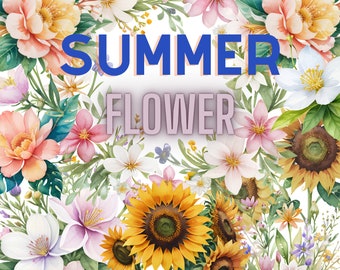 以下が含まれることがあります： ひまわり、ピンク、白、黄色の花が咲く夏の水彩画。画像の中央に「SUMMER FLOWER」というテキストが書かれています。