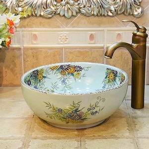 Floral Ceramic Sink – Hand Painted Bathroom Vessel Sink – Colorful Flower Design Basin–Boho Vanity Sink– Unique Washbasin for Bathroom Decor