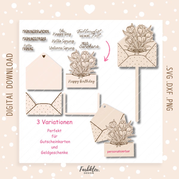 Laserdatei Briefumschlag Blumen, Geldgeschenk SVG DXF Vektor Gutscheinverpackung Plotterdatei Laser Cut Digitaler Download Tulpen SVG