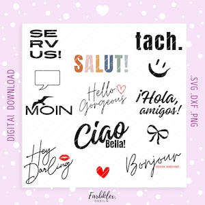 Saludo del archivo del trazador | Hola Bonjour Hey Moin Tach Servus Salut SVG DXF PNG Refranes alemanes Clipart Descarga digital