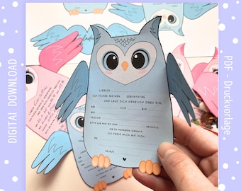 Printable invitation card for a children's birthday party - DIY, craft template, PDF, owl party, birthday