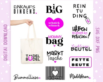 Puede incluir: Un conjunto de 10 diseños digitales para bolsas de mano con varias frases en alemán, incluyendo "Einkaufs Dingens", "Big Bag", "Mommy Bag", "Markt Tasche", "Tödel Budel", "Rein Tu Ding", "Haben Ist Desser Als Brauchen", "Lieblings Beutel", "Fette Beute" y "Bummelliese". Los diseños también incluyen un código de barras con la palabra "Shopping" y un corazón.