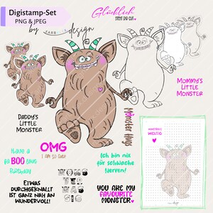 DigiStamp Set Monsterchen Monki | druckbare Clipart Digistamp Set PNG Digipaper Digiset Digipapier digitale Stempel Karten digitale Dateien