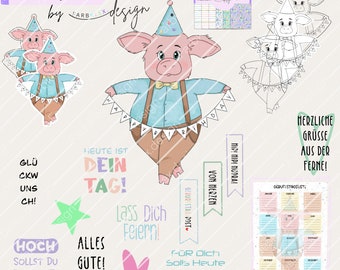 Digistamp Happy Birthday Schweinchen Sunny | Set digitaler Stempel Clipart Digiset als png Schwein Kartenherstellung DIY Geburtstagsliste