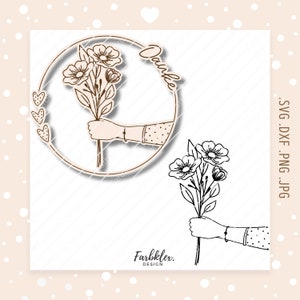 May include: A black and white line drawing of a hand holding a bouquet of flowers. The text "Danke" is written in a circle around the hand and flowers. The text "Farbblex. DESIGN" is at the bottom of the image.