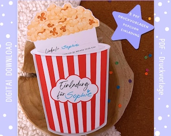 Druckvorlage Einladung Geburtstag Kino Filmabend Einladungskarte Popcorn zum selber basteln Kindergeburtstag PDF Popcorn English Version inc
