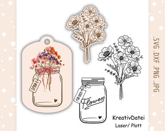 Spring laser file | Flowers SVG, Mother's Day gift tag, flower plotter file, bouquet, floral greeting, digital download