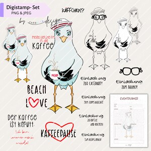 DigiStamp Möwe Moni | Maritim Kaffee druckbare Clipart, PNG Digiset mit Digipapier und Sprüchen digitale Stempel inkl. Eventplaner