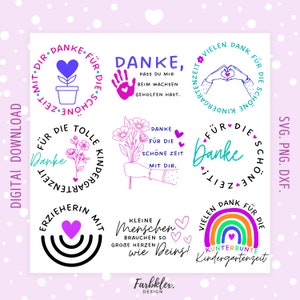 Könnte beinhalten: Satz von sechs bunten digitalen Stempeln mit Text in Deutsch, mit einem Regenbogen, Blumen, Herzen und Handabdrücken. Der Text beinhaltet "Danke", "Kindergartenzeit" und "Für die schöne Zeit".
