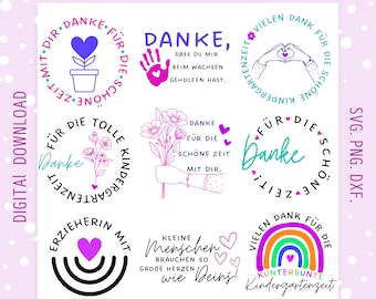 May include: Set of six colorful digital stamps with text in German, featuring a rainbow, flowers, hearts, and handprints. The text includes "Danke" (Thank you), "Kindergartenzeit" (Kindergarten time), and "Für die schöne Zeit" (For the beautiful time).