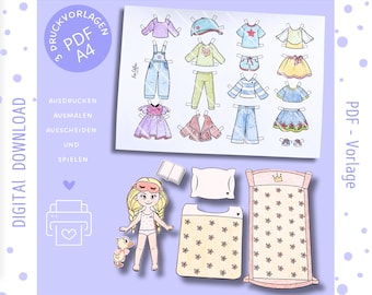 Muñeca de papel imprimible, plantilla para colorear y hacer manualidades para niños, descarga digital, arte y manualidades divertidas y creativas de muñeca de papel PDF