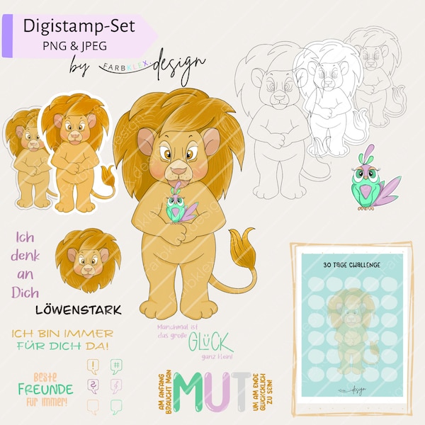 DigiStamp Set Löwe PNG |digitaler Stempel Clipart zum ausmalen Digiset Digistamp Set Digipapier Kartenherstellung digital farbklexdesign