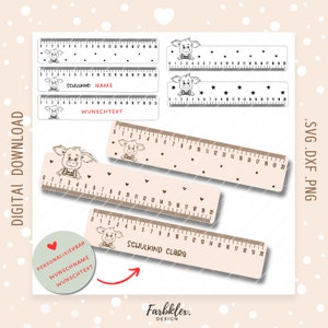 Laserdatei Lineal | Geschenk Einschulung SVG DXF PNG Schulkind Geschenk Schulanfang Schweinchen Laser Cut Digital Download