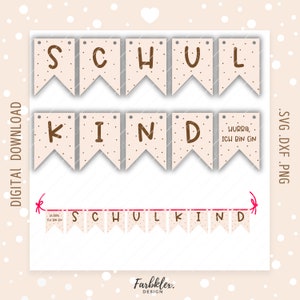 Puede incluir: Una pancarta imprimible con texto marrón que dice "SCHULKIND" sobre un fondo beige con lunares marrones. La pancarta está compuesta por banderas individuales con el texto dividido en las banderas. El texto "HURRA, ICH BIN EIN" está en una de las banderas. La pancarta es perfecta para una fiesta de cumpleaños de un niño en edad escolar o para una celebración del primer día de escuela.