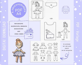 Plantilla de manualidades para niños: muñeca de papel, bricolaje, kit infantil, descarga digital, cumpleaños infantil, página para colorear, PDF, regalo para niños, muñeca para vestir