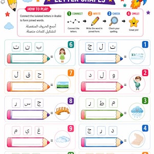 Könnte beinhalten: Ein pädagogisches Arbeitsblatt mit dem Titel The Arabic Alphabet Letter Shapes, das zehn nummerierte Übungen enthält. Jede Aufgabe umfasst isolierte arabische Buchstaben zum Verbinden, eine Bleistiftgrafik zum Schreiben und eine passende Illustration.