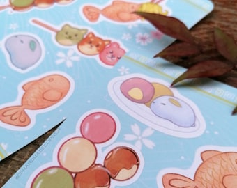 Japanese streetfood sweets Stickersheet - 9 stickers | Kawaii stickers, japanese stickers, japanese food stationery, mochi, taiyaki, dango