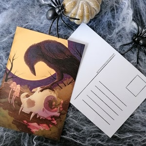 A6 秋/ハロウィン ポストカード - レイヴンと月 |ハロウィンポストカード | ハロウィンポストカード手作り文具 |秋の植物ポストカード 月茸
