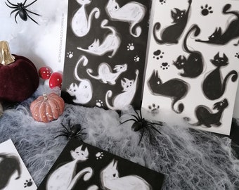 Stampa A5 autunno/Halloween - Gatti ombra | Gatti lamina, Gatti stampati | Pose di gatti, regali per gli amanti dei gatti, gatti neri fantasma