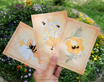 Cartes postales A6 de la collection Bumblebee - 3 modèles | Carte postale des abeilles, carte postale botanique | Papeterie abeilles | Nid d'abeille, abeille Carte postale