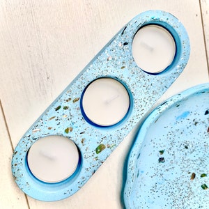 Blue resin and abalone shell 3 x tea light holder