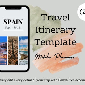 Travel Itinerary Mobile Template, Printable, Digital Template Download, Travel Guide, Digital Editable Trip Planner. Canva Template, Spain