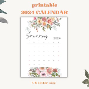2024 Calendar Printable, Floral Design, Calendar 2024, Monthly Calendar 2024, Portrait, US Letter size, Wall Calendar 2024, Digital Download