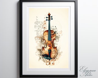 Violin Music Wall Art Poster, Abstract Minimalist Line Art Print, Printable Wall Art, Violin Music Gift, Digital Download