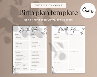 May include: A printable birth plan template with a minimalist design. The template includes sections for details, health details, environment, after delivery, and pain relief. The text "Birth Plan" is written in a cursive font with a floral design.