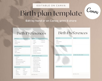 Może przedstawiać: Drukowany szablon planu porodu z tekstem "Birth plan template" i "Birth Preferences" w kolorze czarnym na białym tle. Szablon zawiera sekcje dotyczące szczegółów, danych zdrowotnych, środowiska, po porodzie i łagodzenia bólu.