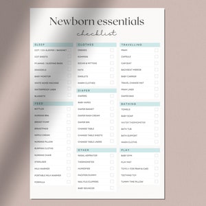 May include: A checklist of essential items for a newborn baby, organized by category: Sleep, Clothes, Diaper, Feed, Bathing, Travelling, Other, and Play. Each category has a list of items with checkboxes next to them.