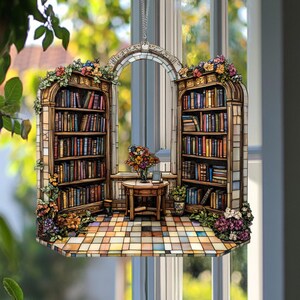 Book Lover’s Library Bookshelf ACRYLIC Window Hanging Ornament, Bookish ...